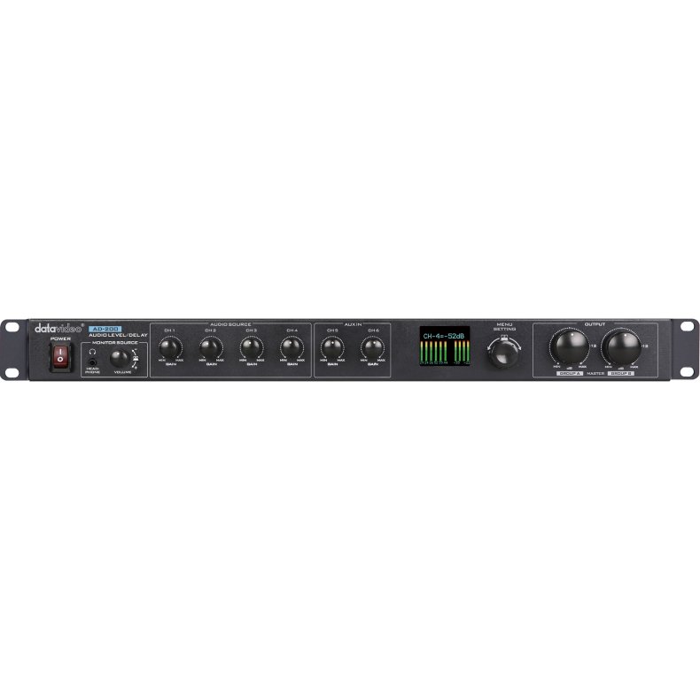 DataVideo AD-200 1RU Audiomixer w delay function, 6 XLR audio channels, Mic/line audio input modes