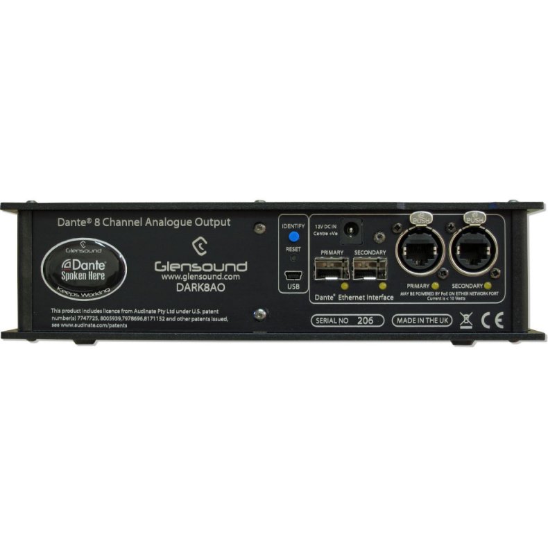 Glensound DARK8O 8 outputs on XLR with dual CAT5 and optical DANTE interface