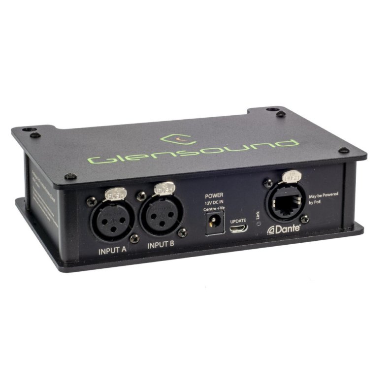 Glensound AoIP-2M - 2 Channel Mic Amp Dante/AES67, 2 Analogue mic/line inputs on XLR, Selectable 48V