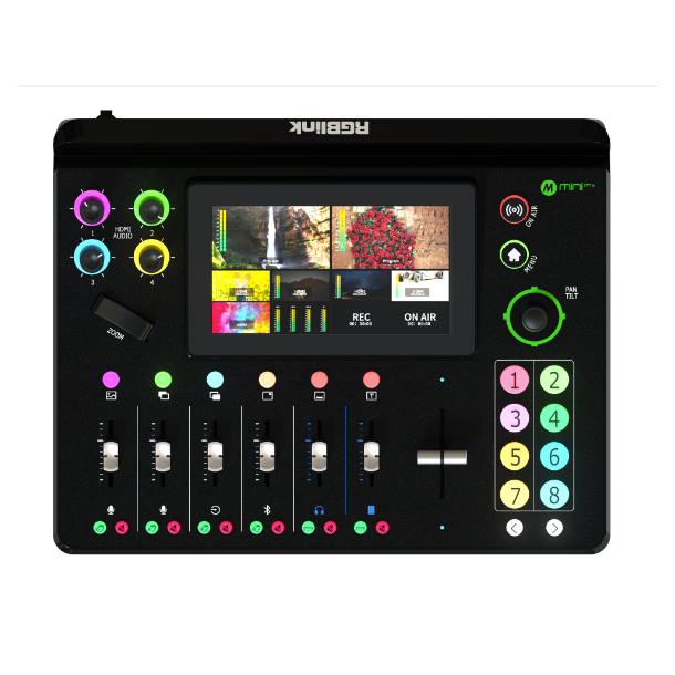 RGBlink Mini-mx Streaming Video Mixer. 4 HDMI 2.0 inputs, 2 HDMI 1.3 outputs, 4 audio inputs and 2 audio outputs, audio management