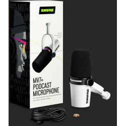 Shure MV7 dynamic podcast microphone WHITE with XLR outp (mount and 3m USB cable included) LED touch