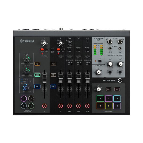 Yamaha AG08-BL 8 ch live streaming mixer with USB audio I/F. Sofware bundled. Black.