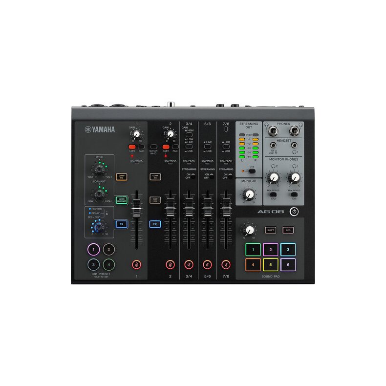 Yamaha AG08-BL 8 ch live streaming mixer with USB audio I/F. Sofware bundled. Black.