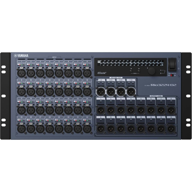 Yamaha RIO3224-D2 New generation Dante rack I/O, 32 mic/line in, 16 line out, 4 Stereo AES/EBU out.
