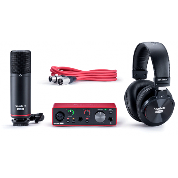 Focusrite Scarlett 4i4 4x4 USB Audio Interface Full Studio Bundle with Download for Creative Music Production Software Kit and Eris 4.5 Pair Studio Monitors and 1/4” Instrument Cables 